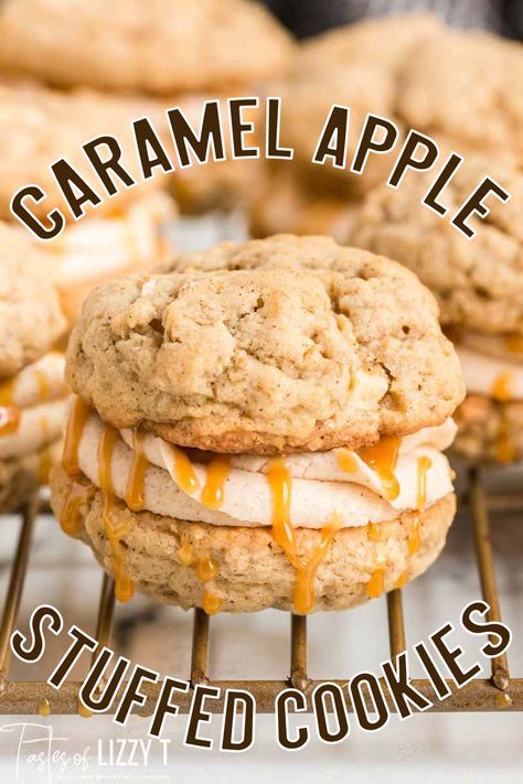 Cinnamon Buttercream Frosting, Caramel Apple Cookies, Cinnamon Buttercream, Apple Oatmeal Cookies, Apple Cookie, Apple Sandwich, Cookie Sandwich Recipes, Chewy Caramel, Apple Pie Cookies