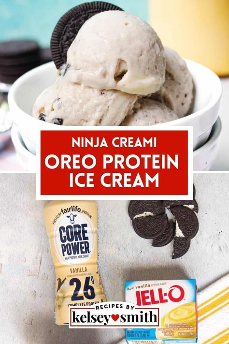 This Ninja Creami Oreo protein ice cream recipe is made with a vanilla Fairlife Core Power High Protein Milkshake, stevia, instant pudding mix, and Oreo Thins. This high-protein homemade ice cream recipe is designed for the Ninja Creami ice cream maker and has fewer calories, less fat, less carbohydrates, and more protein than regular ice cream. You start with a simple vanilla ice cream and use the mix-in function to incorporate Oreo Thins cookies. Fairlife Core Power, Recipes With Protein, Pudding Ice Cream Recipe, Ice Cream Maker Recipes Healthy, Ninja Ice Cream Recipe, Protein Ice Cream Recipe, Protein Ice Cream Recipes, High Protein Cookies, Sugar Free Ice Cream