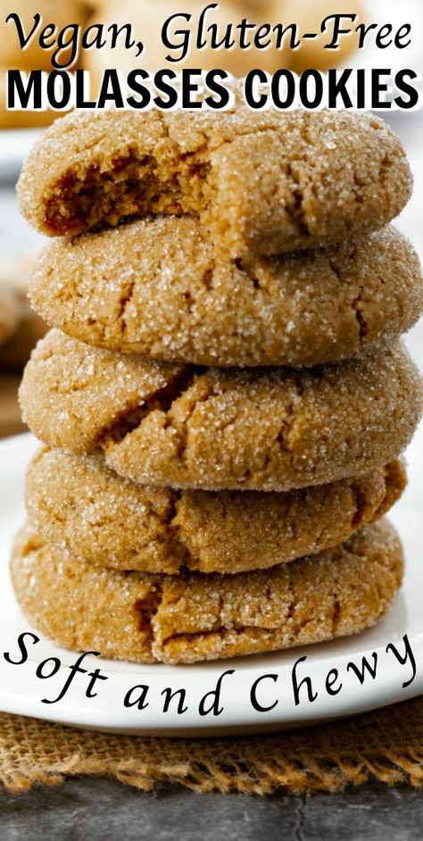 Gluten Free Molasses Cookies, Molasses Crinkle Cookies, Vegan Molasses Cookies, Soft Molasses Cookies, Molasses Cookies Recipe, Vegan Christmas Cookies, Soft Cookies, Vegan Cookies Recipes, Ginger Molasses Cookies