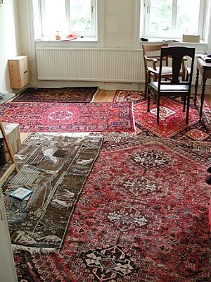 Rug Covered Floor, Floor Covered In Rugs, Lots Of Rugs On Floor, Stacked Rugs Bedroom, Layered Carpets Bedroom, Big Rug Bedroom, Layered Vintage Rugs, How To Layer Rugs Living Rooms, Layered Carpets