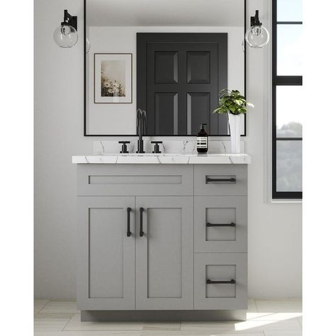 Bathroom Vanity Left Side Sink, 34” Bathroom Vanity, Bathroom Remodel Single Sink, Single Vanity Bathroom Ideas Modern, Small Bathroom Gray Vanity, Gray Bathroom Vanity Black Hardware, 36” Bathroom Vanity Ideas, Gray Vanity With Black Hardware, 36" Bathroom Vanity