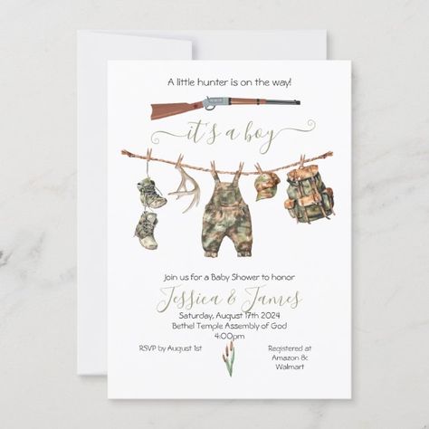 Create your own Invitation | Zazzle Hunting Baby Shower Ideas, Deer Baby Shower Boy, Hunting Baby Shower Theme, Baby Shower Clothesline, Baby Shower Camo, Baby Boy Invitations, Hunting Baby, Deer Baby Showers, Baby Shower Duck