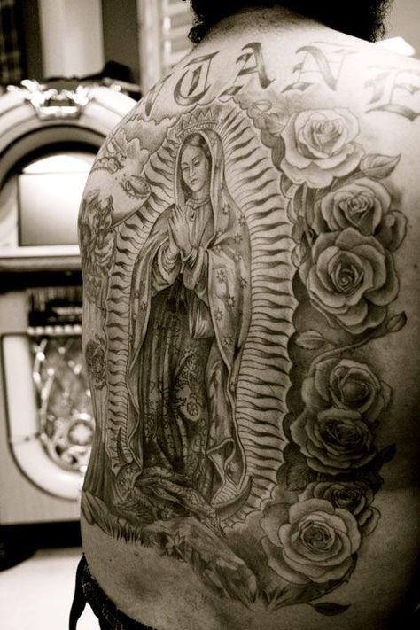 41 Virgin Mary Tattoos With Religious Connections and Meanings - Tattoos Win Mother Mary Tattoos, Maria Tattoo, Lowrider Tattoo, Backpiece Tattoo, Virgin Mary Tattoo, Mexican Tattoo, Catrina Tattoo, Mary Tattoo, Miami Ink