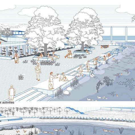 Water Urban Design, River Architecture Design, Urban Design Interventions, River Architecture Concept, Transition Space Architecture, Activity Mapping Architecture, Fish Market Architecture, Community Space Architecture, Swahili Architecture