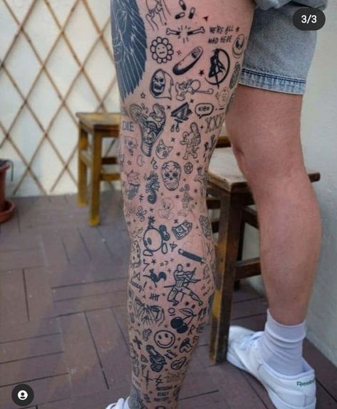 Tattoo Designs Men Leg Ideas, Patchwork Leg Sleeve Men, Filler Pieces Tattoo, Leg Sleeve Fillers, Patchwork Sleeve Filler, Anime Patchwork Tattoo, Patchwork Tattoo Leg, Manga Tattoo Hombre Ideas, Small Patchwork Tattoo Ideas