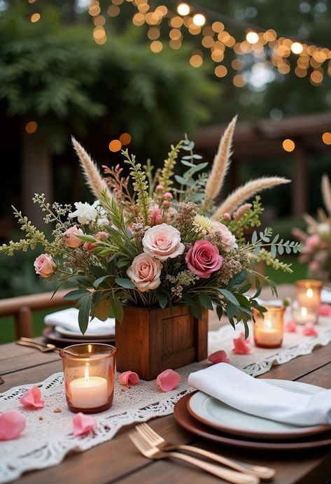 boho wedding centerpiece Boho Centerpieces Wedding, Boho Wedding Table Decorations, Summer Wedding Centerpieces, Boho Centerpiece, Romantic Boho Wedding, Boho Glam Wedding, Rustic Romantic Wedding, Boho Wedding Style, Boho Wedding Centerpieces