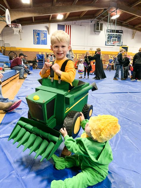 Combine Halloween Costume, Combine Costume, Diy Combine Costume, Combine Costume Diy, Toddler Tractor Costume, Homemade Tractor Costume, Tractor Costume, Duck And Hunter Halloween Costume, Ear Of Corn Costume