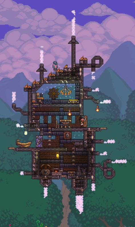 #terraria #steampunk #steampunker #house #floating #airship Terraria Mechanic House, Terraria Floating House, Terraria Steampunk Builds, Terraria Steampunk House, 1 Bedroom Guest House, Pixel Art Map, Terraria Base, Terraria Art, Terraria Design