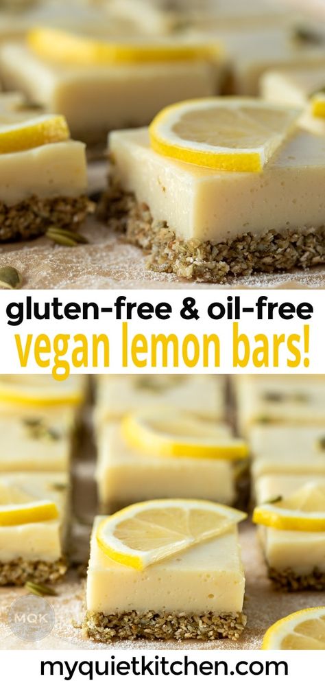 Light and creamy, these oil-free vegan lemon bars are pretty much as healthy as lemon bars get! Plus they're no-bake and totally delicious. Nut-free, too! #nutfree #oilfree #vegandessert #healthylemonbars #glutenfree Vegan Lemon Desserts, Vegan Lemon Bars, Gluten Free Lemon Bars, Fat Free Vegan, Oil Free Vegan Recipes, Plant Based Desserts, Vegan Bar, Wfpb Recipes, Oil Free Vegan