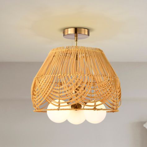 Semi-flush Mount Lights, Brass Ceiling Light, Rattan Shades, Mount Ceiling Lights, Flush Mount Lights, Semi Flush Mount Lighting, Light Bulb Types, Outdoor Wall Decor, Flush Ceiling Lights