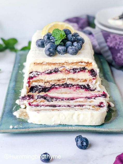 Blueberry Lemon Icebox Cake - Hummingbird Thyme Blueberry Trifle, Lemon Icebox Cake, Easy Blueberry, Gateaux Cake, Easy Summer Desserts, Blueberry Jam, Icebox Cake, Lemon Blueberry, Lemon Curd