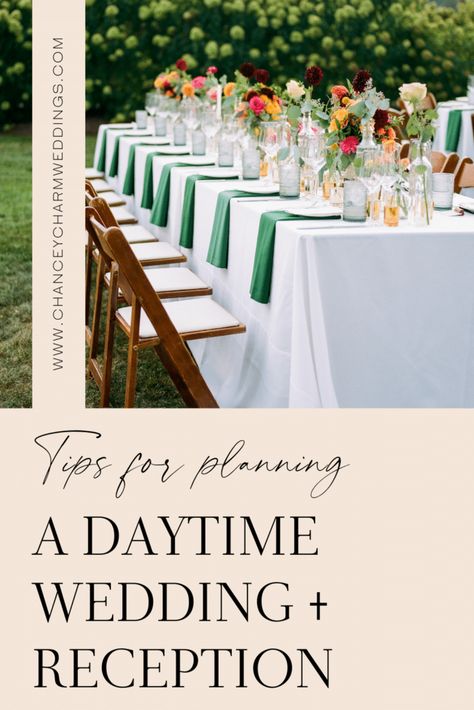 6 Tips For Planning A Daytime Wedding & Reception Daytime Wedding Decor, Daytime Wedding Reception, Become A Wedding Planner, Wedding Reception Games, Indoor Wedding Receptions, Daytime Wedding, Wedding Reception Food, Wedding Planning Services, Destination Wedding Locations