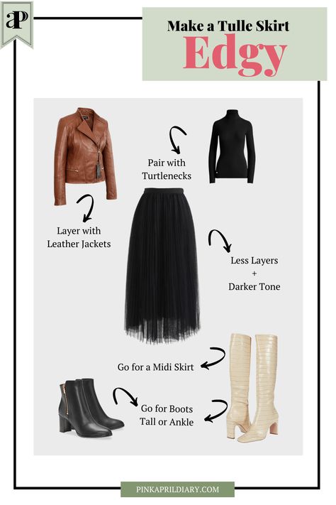 Tulle Skirt Combat Boots Outfit, How To Style A Tulle Skirt, Edgy Tulle Skirt Outfit, Chic Tulle Skirt For Fall, Tulle Skirt With Leather Jacket, Tulle Skirt Outfit Formal, Black Tulle Skirt Outfit, Tulle Skirt Outfits Casual, Tool Skirt