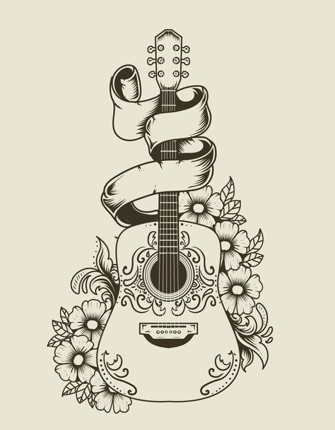 Country Music Tattoos, Acoustic Guitar Tattoo, Acoustic Guitar Art, Guitar Sketch, Memorial Design, Guitar Tattoo Design, Guitar Illustration, Guitar Vector, Guitar Drawing