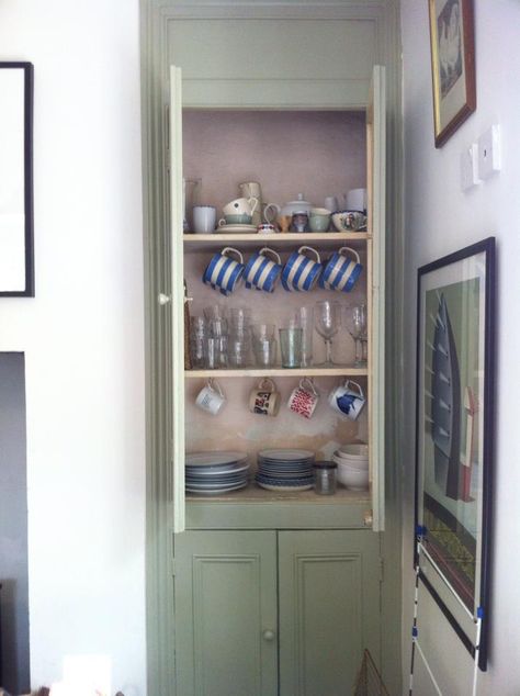 My friend Bonny's French Grey alcove cupboard Dining Room Cupboards, Dining Room Decor Traditional, Alcove Shelves, Alcove Storage, Alcove Cupboards, Alcove Shelving, Larder Cupboard, Pantry Cupboard, Victorian Kitchen