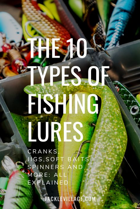 All 10 types of fishing lures explained including jigs, soft plastic baits, spinners, crankbaits, jerkbaits and more. Find out when to use each type of lure and which lure types you need to catch bass, crappie, trout and other species. Easy Fishing Knots, Crappie Lures, Best Fishing Lures, Crappie Jigs, Custom Fishing Lure, Diy Fishing Lures, Fishing 101, Topwater Lures, Fishing Jig