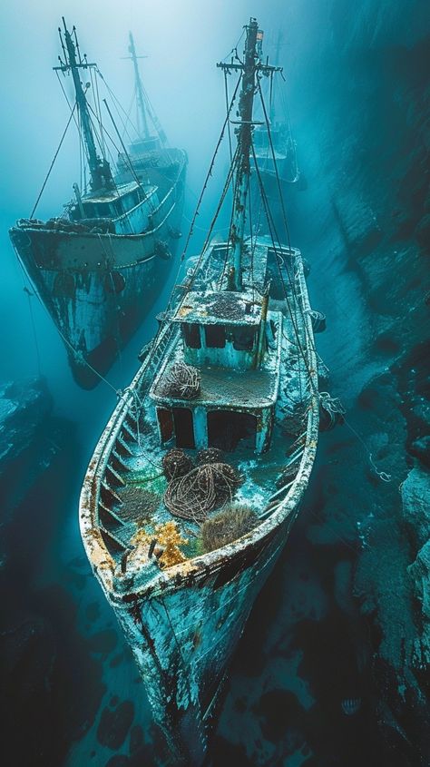 Sunken Ship #Mystery: Eerie #underwater scene of #sunken #ships resting silently in the blue depths of the #ocean. #DeepSea #Shipwreck #MaritimeHistory #ScubaDiving #AncientWrecks #aiart #aiphoto #stockcake ⬇️ Download and 📝 Prompt 👉 https://stockcake.com/i/sunken-ship-mystery_384273_357429 Money Animation, Underwater Shipwreck, Sunken Ships, Sunken Ship, Nautical Wallpaper, Underwater Scene, Water Logo, Wild Adventures, Water Photography