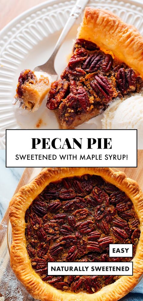 This delicious pecan pie is sweetened with maple syrup! This pecan pie recipe doesn't use corn syrup or refined sugar, and it's so easy to make. #naturallysweetened #pecanpie #thanksgiving #maplesyrup #christmas #cookieandkate Maple Pecan Pie, Popular Pies, Pie Dough Recipe, Flaky Pie Crust, Maple Pecan, Pecan Pie Recipe, Toasted Pecans, Pecan Pie, Refined Sugar