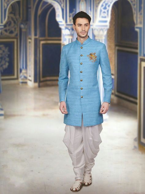 light blue indowestern sherwani with buta work Indo Western Outfits For Men, Wedding Wear For Men, Men Wedding Suit, Blue Sherwani, Indian Wedding Clothes For Men, Mens Indian Wear, Sherwani For Men Wedding, Boys Kurta Design, Stylish Men Wear