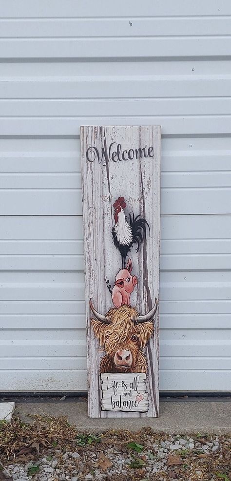 Barn Wood Art, Life Is All About Balance, Porch Boards, Highland Cow Painting, Plank Art, Wood Porch, Barn Wood Crafts, Porch Welcome Sign, Wood Art Projects