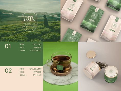 Tea Logo Branding, Herbal Tea Branding, Tea Shop Branding, Tea Branding Design, Tea Color Palette, Tea Brand Logo, Journal Packaging, Tea Moodboard, Tea Brand Identity