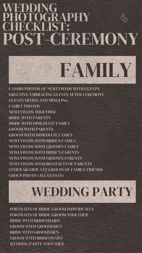 Capture the magic of your big day with these essential post-ceremony shots! From candid moments with guests to intimate family portraits and wedding party fun, ensure every precious memory is beautifully preserved.

Save this for later! Photo Checklist For Wedding, Ceremony Extras Checklist, Wedding Ceremony Checklist Detailed, Photography Wedding Checklist, Ceremony Shots, Day Of Wedding Timeline 4:30 Ceremony No First Look, Friends Group Photo, Wedding Photography Checklist, Immediate Family