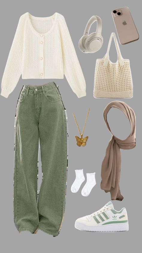 Perfect for the hijabis as well 🧕💕 Casual Cream Outfits, Light Green And Brown Outfit, Green Cream Outfit, Beige And Green Outfit, Green And Cream Outfit, Green Outfit Hijab, Green Wide Leg Pants Outfit, Green Outfit Ideas, Cream Outfit