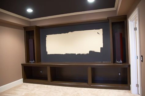 Media shelves, projection wall, lighting.  To modify our theatre? Diy Home Theater, Home Theater Basement, Small Home Theater, Home Theater Lighting, Small Home Theaters, Basement Home Theater, Basement Home, Home Cinema Room, Best Home Theater