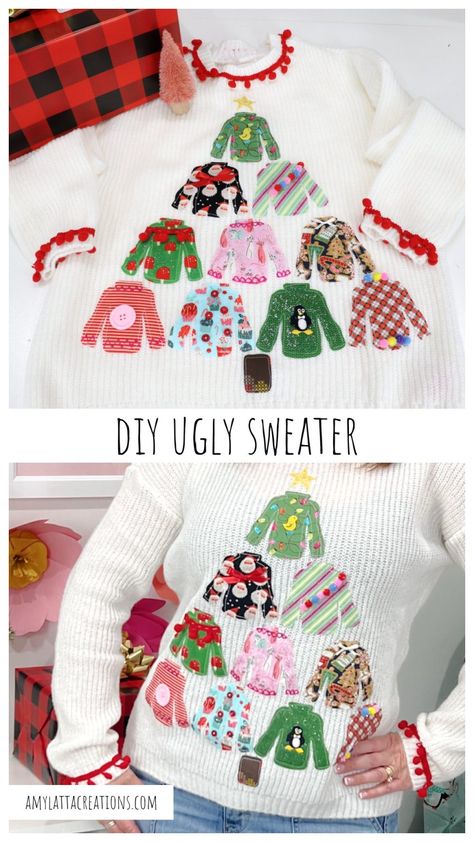 DIY Ugly Sweater: Sweater Tree - Amy Latta Creations Ugly Sweater Ideas For Kids Boys, Gingerbread Ugly Sweater Diy, Diy Cute Christmas Sweater, Gingerbread Ugly Sweater, Ugly Sweater Templates Free Printable, How To Make An Ugly Christmas Sweater, Diy Ugly Christmas Sweaters Easy, Diy Christmas Jumper, Diy Tacky Christmas Sweater