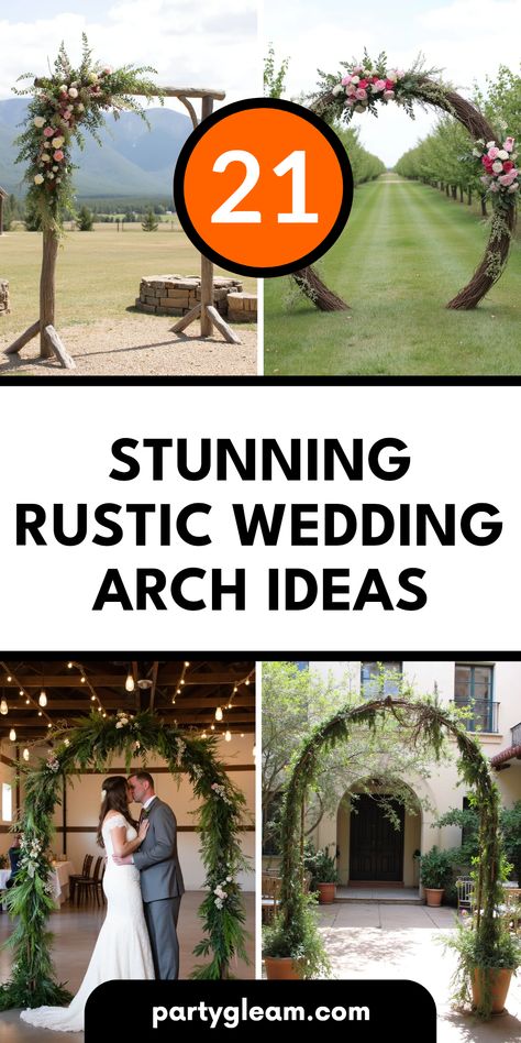 Explore 21 stunning rustic wedding arch ideas featuring asymmetrical floral arrangements, circular twig arches, copper pipe designs, and wrought iron decorations. This pin showcases 4 images that provide inspiration for a beautiful rustic-themed wedding. Wooden Wedding Arch Ideas, Alter Wedding Decor, Rustic Arches For Weddings, Diy Arch Flower Arrangement, Wedding Arch Flowers Simple, Wedding Arches Diy, Wedding Arch With Chandelier, Rustic Wedding Arch Ideas, Forest Wedding Arch