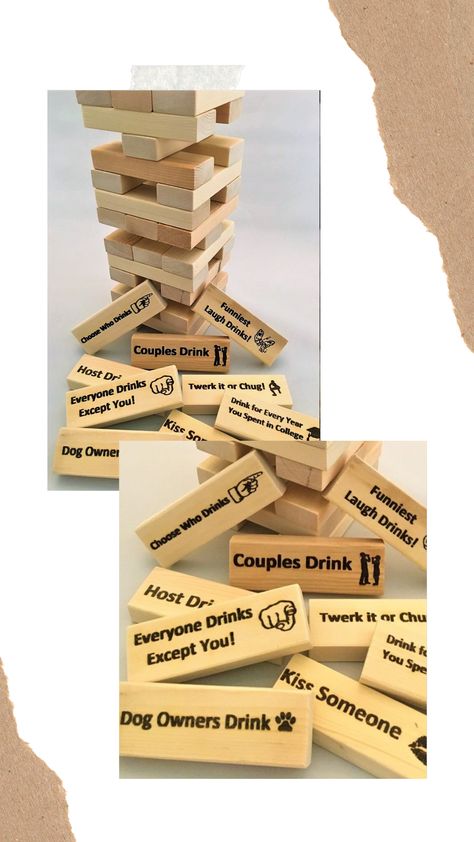 Custom made Jenga games can be personalized for your next party or to make the perfect gift. Laser engraved phrases on every wood Jenga block. These blocks are 70% larger than the classic Jenga game. Personalized Jenga Blocks, Personalized Jenga Game, Jenga Personalised, Custom Jenga Blocks, Custom Jenga, Wedding Kissing Games, Jenga Drinking Game, Jenga Diy, Movie Drinking Games