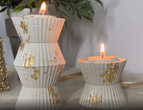 Add a touch of glamour to your home décor with these gorgeous gold leaf candle holders. Follow our simple step-by-step tutorial today to make your own. Diy Cupcake Candle, Plaster Paris, Paris Cupcakes, Candle Holders Diy, Silicone Cupcake Molds, Paris Crafts, Silicone Cupcake Liners, Pottery Barn Style, Leaf Candle