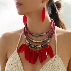 Bohemian Fashion Feather Tassel Design Triple Layer Bold Wholesale Costume Necklace and Earrings Set - Red Afrikaanse Mode, Boho Feathers, Boho Choker, Costume Necklaces, Boho Style Jewelry, Multi Layer Necklace, Handmade Fashion Jewelry, Women's Jewelry Sets, Fashion Jewelry Sets