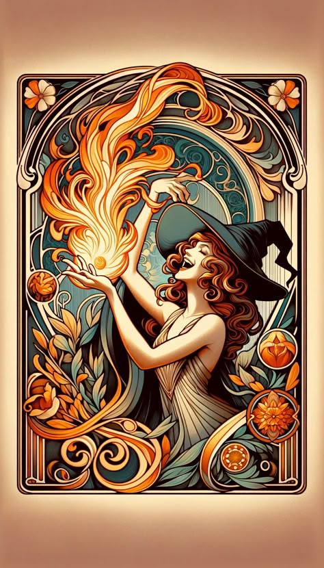 Art nouveau witch laughing and playing with fire Fire Witch Art, Art Nouveau Witch, Fire Witch, Fire Drawing, Illustration Journal, Mucha Art, Art Nouveau Decor, Flame Art, Art Nouveau Illustration