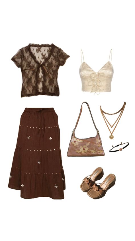 Monochrome outfit inspo, brown skirt and lace top 🤎 Outfit Inspo Brown, Monochrome Outfit, Brown Skirt, Brown Skirts, Fit Inspo, Crochet Ideas, Fitness Inspo, Lace Top, My Style