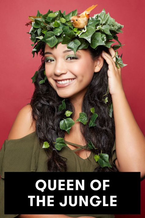 Your favorite festival trend just got a Halloween upgrade. Make one yourself for the ultimate last-minute costume that no one else will have.  Find out to make this tropical, jungle flower crown exclusively on Seventeen! Jungle Book Costumes, Jungle Costume, Jungle Outfit, Safari Costume, Halloween Crown, Tree Costume, Jungle Thema, Cocktail Party Outfit, Jungle Theme Parties