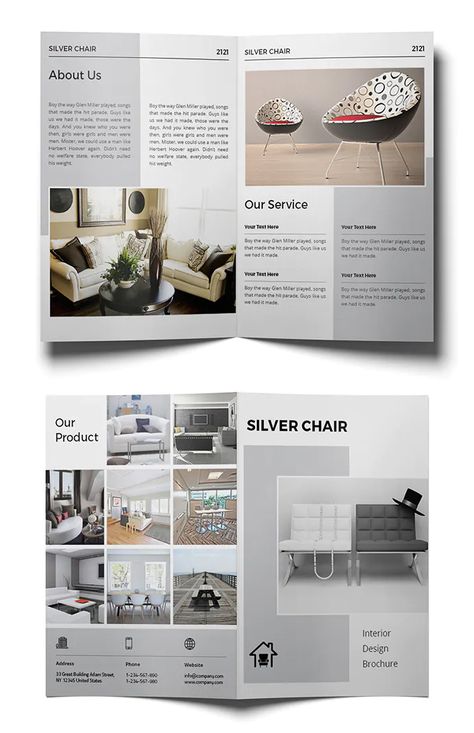 Interior Design Bi-fold Brochure Template INDD. Download 5 Fold Brochure Design, Interior Designer Brochure, Interior Brochure Design, Interior Design Magazine Layout, Bi Fold Brochure Design, Interior Design Brochure, Interior Brochures, Graphic Design Portfolio Cover, Brochure Design Layout