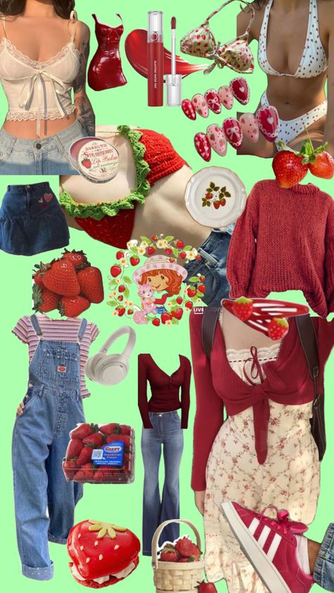 #strawberrycore #strawberry #strawberryshortcake #strawberrygirl #strawberries #outfitinspo #wishlist #makeup #romand #<3 #cute #fit #red #jeans #fruit #yummy Strawberry Clothing, Strawberry Shortcake Outfits, Strawberry Outfit, Cottagecore Outfit, Pretty Halloween Costumes, Trendy Halloween Costumes, Korean Casual Outfits, Red Jeans, Trendy Halloween