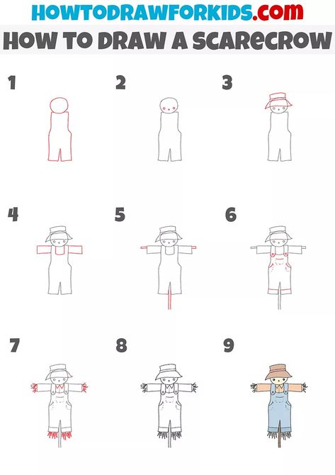 How to Draw a Scarecrow - Easy Drawing Tutorial For Kids Scarecrow Cartoon Drawing, How To Draw A Scarecrow Step By Step, Easy Scarecrow Painting, Simple Scarecrow Drawing, Easy Scarecrow Drawing, How To Draw A Scarecrow, Cute Scarecrow Drawing, Scarecrow Drawing Easy, Scarecrow Doodle