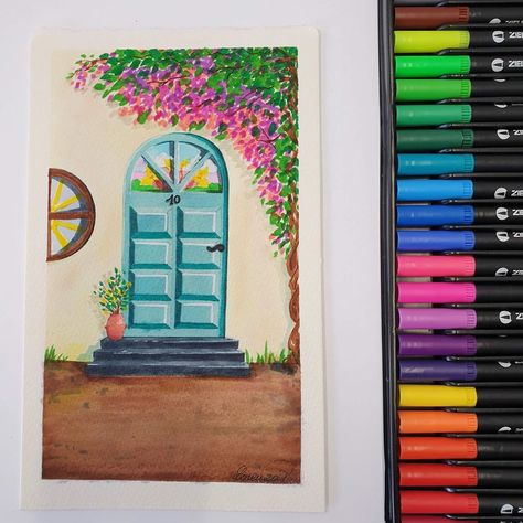 Colour Pen Art Drawings, Sketch Pens Drawings, Marker Pens Art, How To Paint With Brush Pens, Simple Art With Brush Pens, Drawing With Colour Pens, Colourful Pen Drawing, Color Pens Art, Brush Pen Drawing Ideas Simple