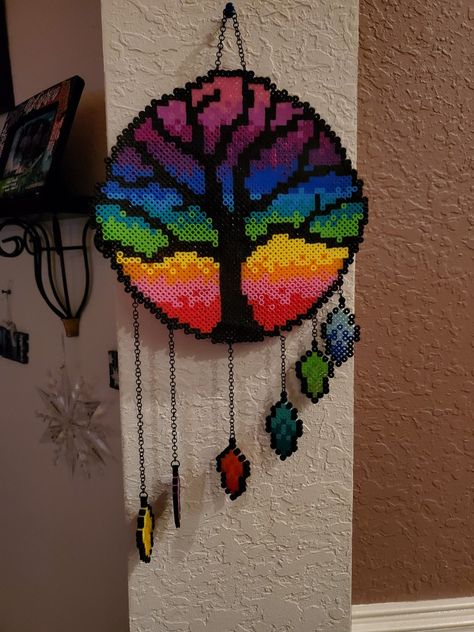 #perler #beads #tree #rainbow Tree Of Life Perler Bead Patterns, Perler Bead Tree Pattern, Perler Bead Wind Chimes, Tree Perler Bead Patterns, Cute Perler Designs, Pride Hama Beads, Melting Beads Patterns Easy, Rainbow Perler Beads, Nature Perler Beads