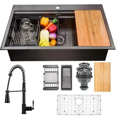 All-in-One Matte Black Finished Stainless Steel 33 in. x 22 in. Single Bowl Drop-in Kitchen Sink with Spring Neck Faucet Single Basin Kitchen Sink, Matte Black Faucet, Black Kitchen Sink, Drop In Kitchen Sink, Black Faucet, Black Sink, Drop In Sink, Single Bowl Kitchen Sink, Stainless Steel Kitchen Sink