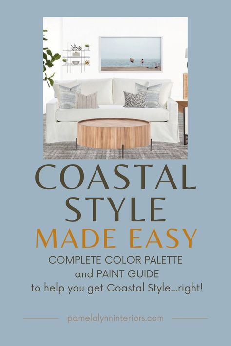 Stop Stressing and start painting. Get Coastal Style in your home and get it right the first time! Color Expert has created a complete paint palette with Sherwin Williams and Benjamin Moore options. All selected for you, including accent colors and trim colors. It's easy to create the Coastal look and feel in your home with this compelte color guide. Coastal Design Style, Paint Color Guide, Paint Palettes, Stop Stressing, Trim Colors, Start Painting, Favorite Paint Colors, Sherwin Williams Paint Colors, Color Guide