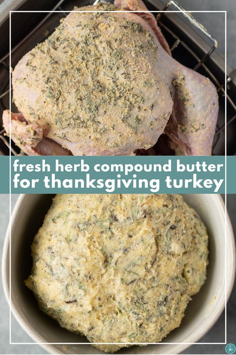 A Herb Butter Turkey that's perfect for your Thanksgiving recipe! An easy butter herb rub for turkey that will result in a perfectly cooked meal! You will have the most flavorful turkey breast! Turkey Herb Butter Recipe, Butter And Herb Turkey, Easy Garlic Butter Herb Roasted Turkey Recipe, Herb Butter Turkey Rub, Herb Butter For Turkey Thanksgiving, Turkey With Herb Butter, Herb Rub For Turkey, Turkey Recipes Thanksgiving Herb Butter, Herbed Butter Turkey