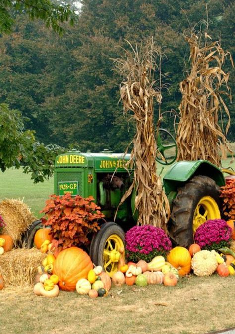 John Deere Girls | *~John Deere Girl~* Tractor Fall Photography, Rustic Fall Front Porch Decor, Fall Tractor Decor, Tractor Wedding Ideas, Tractor Decorations, Tractor Decor, Fall Yard Decor, Tractor Idea, Old Tractor