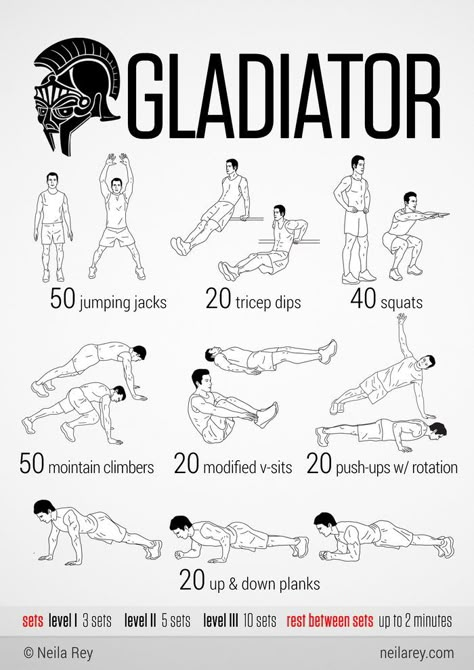 Some quick no equipment workouts that helped me. I haven't seen them in a long time so here you go. The rest can be found here: http://neilarey.com/workouts.html - Imgur Mens Bodyweight Workout, Gladiator Training, Teacher Workout, Gladiator Workout, 100 Workout, Superhero Workout, Trening Sztuk Walki, Ab Workout At Home, Trening Abs