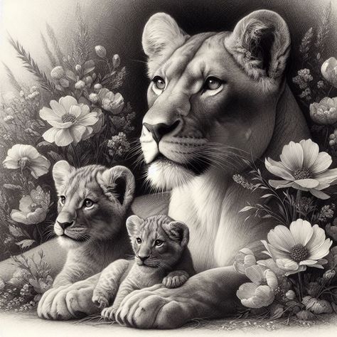 Mother And Baby Tattoo, Lioness Tattoo Design, Big Cat Tattoo, Lioness And Cubs, Cubs Tattoo, Lioness Tattoo, Realistic Tattoo Sleeve, Lion Tattoo Design, Animal Illustration Art