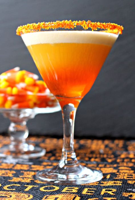 Candy Corn Martini uses candy corn infused vodka. Let it work its magic overnight for best results. Candy Corn Drinks, Martini Recipe, Infused Vodka, Halloween Cocktails, Martini Recipes, Halloween Drinks, Fall Drinks, Halloween Food For Party, Halloween Recipes