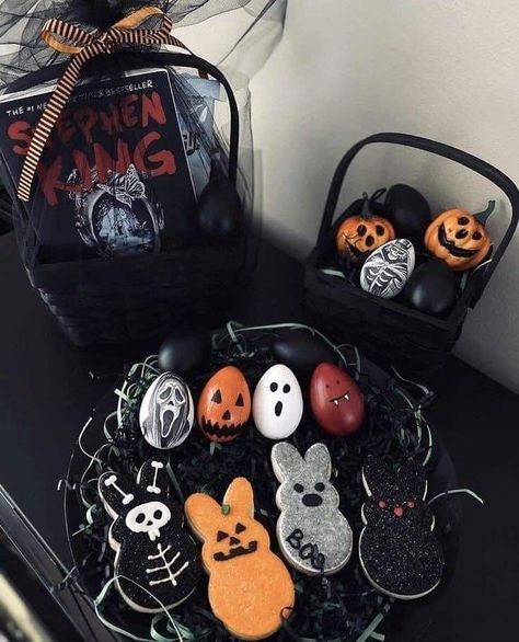 Easterween Try holiday treat ideas! Every day is Halloween. Halloween theme Easter basket. Evil bunny. Gothic Easter basket. HalloEaster. Black bunny cookies. JackOlantern bunny ears. Black Easter basket. Goth family. Halloween Easter eggs. Halloween eggs. Vampire eggs. Ghost eggs. Stephen King fan book club. Ghost Eggs, Holiday Treat Ideas, Gothic Easter, Goth Family, Halloween Eggs, Evil Bunny, Easter Bunny Cookies, Bunny Cookies, Treat Ideas