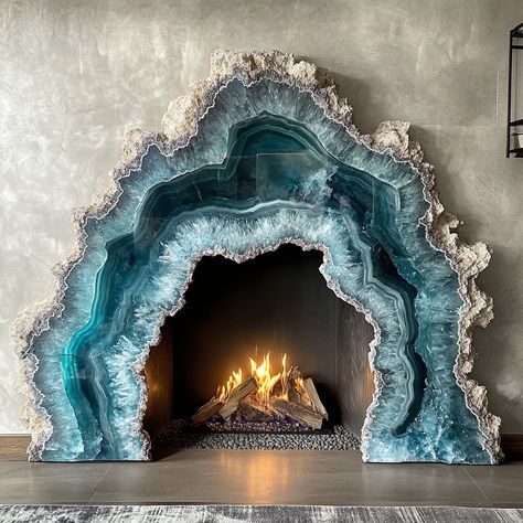 A geode fireplace is a stunning centerpiece that blends the natural beauty of geology with the warmth and comfort of a modern hearth. Crafted to mimic the intricate formations found inside geodes, the fireplace features a crystalline interior that shimmers with vibrant hues when illuminated by the flickering flames. The exterior is rugged and textured, resembling the raw outer shell of a geode, while the inside reveals a dazzling array of crystals, offering a captivating contrast. Perfect for... Crystal Geode Decor, Geode Fireplace, Modern Hearth, Fireplace Modern Design, Fantasy Journal, Resin Sea, Geode Decor, Herbal Bath, Geode Art